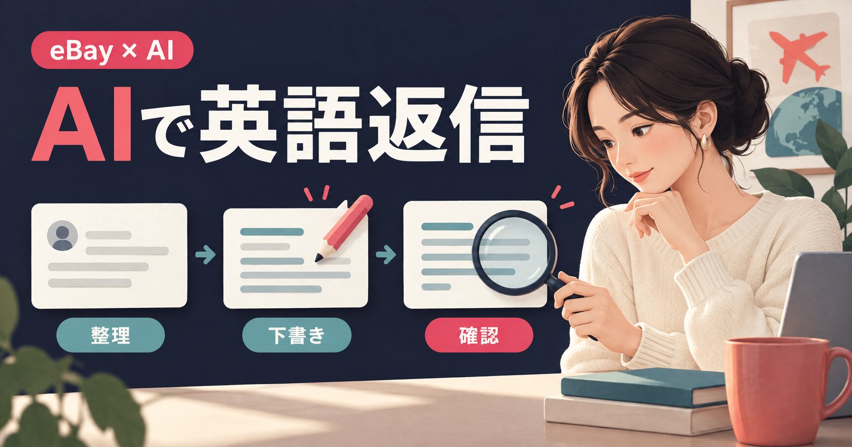 購入者の会話を事実メモと照合し、英語返信案を確認する流れのAI説明イラスト