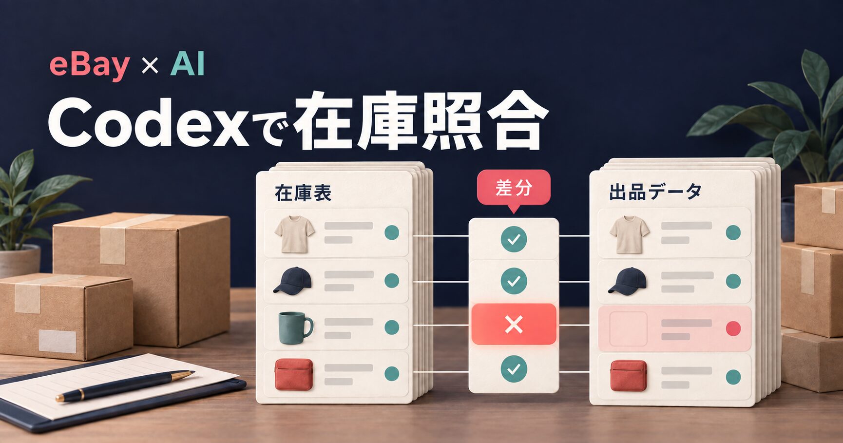 在庫表と出品データの商品を並べて、不一致を確認するCodexの説明イラスト