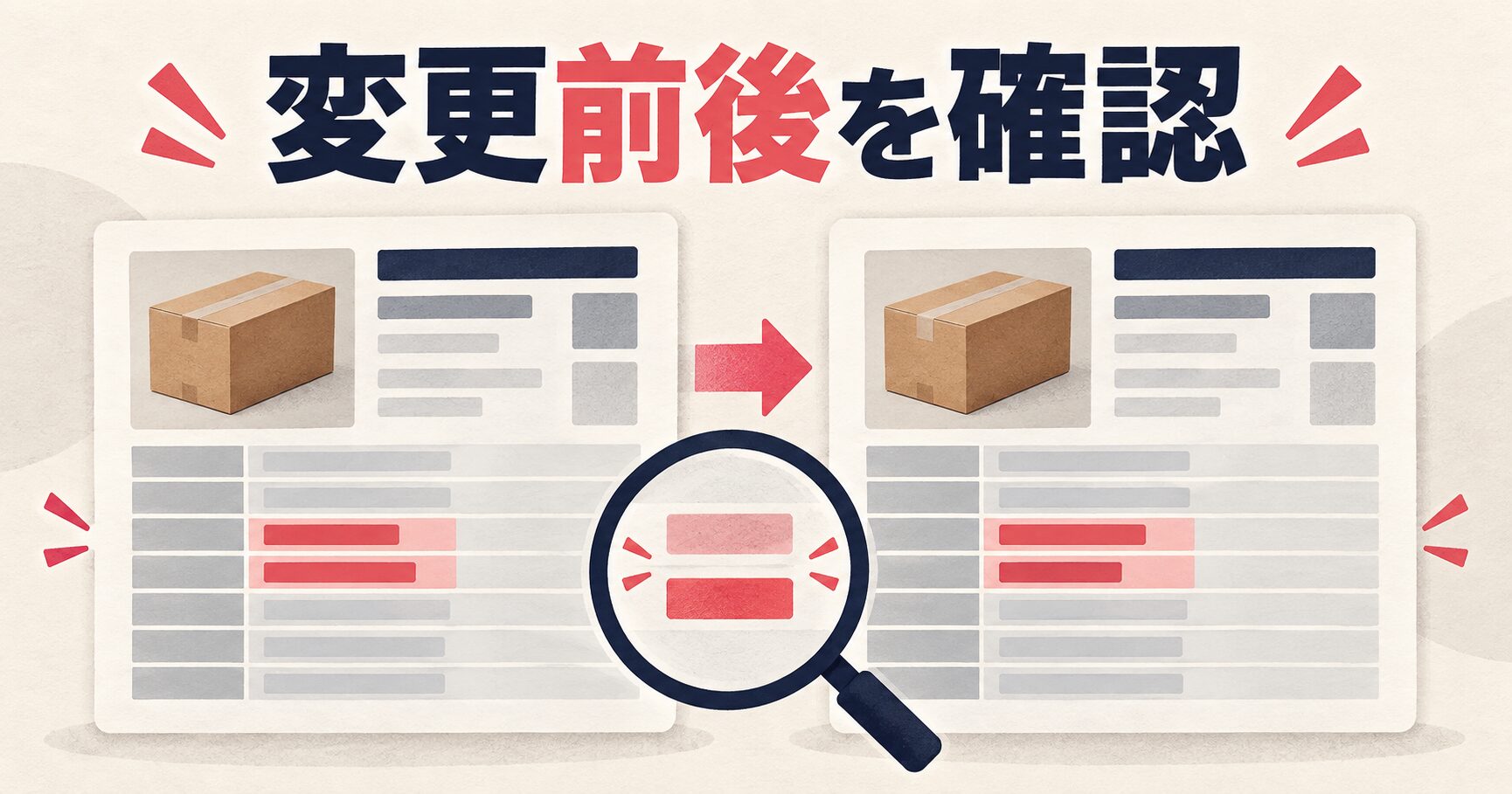 変更前と変更後の表を並べ、意図した変更と確認が必要な変更を見分ける説明イラスト