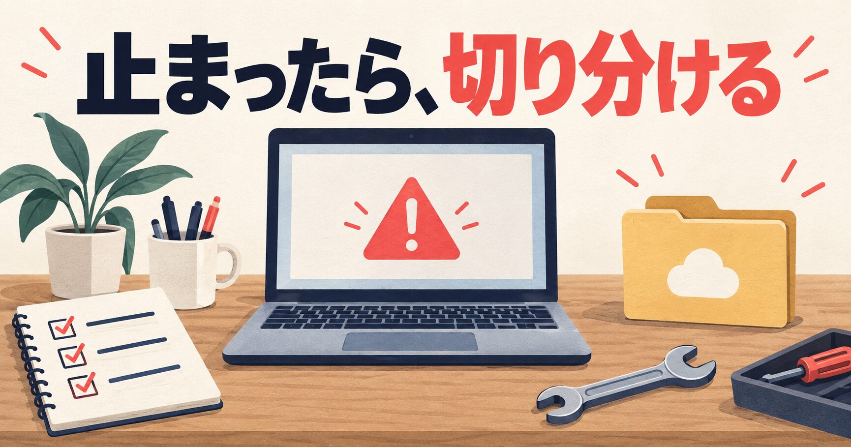 動いていた版を残し、練習用の道具のエラー記録と修正後の結果を確認する説明イラスト